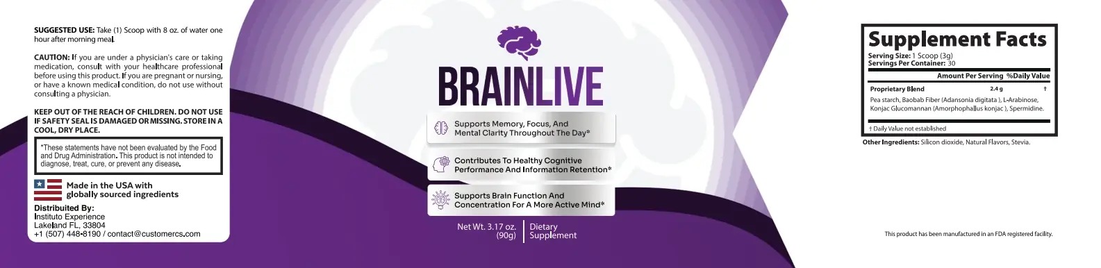 BrainLive Supplement Facts label